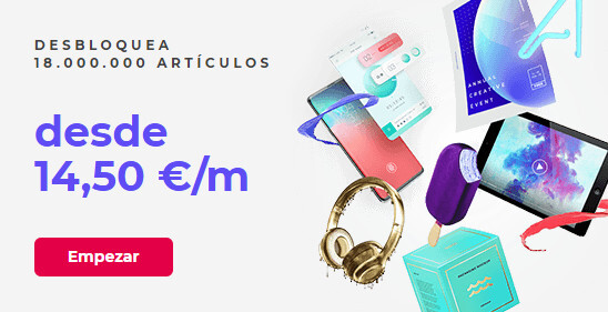 Precio mensual de Envato desde 14,50 euros, acompañado de ilustraciones de aparatos electrónicos y un helado.