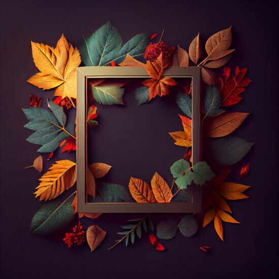 Marco de otoño con hojas caídas en fondo natural. Ilustración de la IA Generativa.